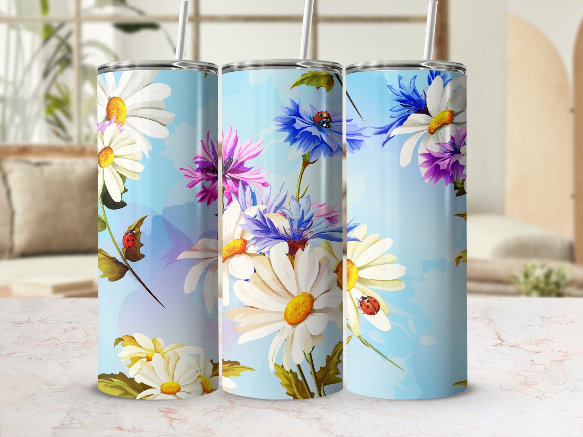 Vibrant Floral Design Tumblers with Ladybugs Set of Three