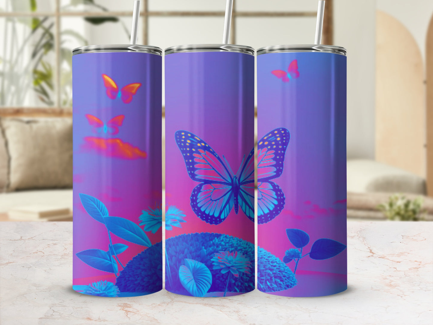 Three tumblers with purple sky and butterflies, abstract floral designs.