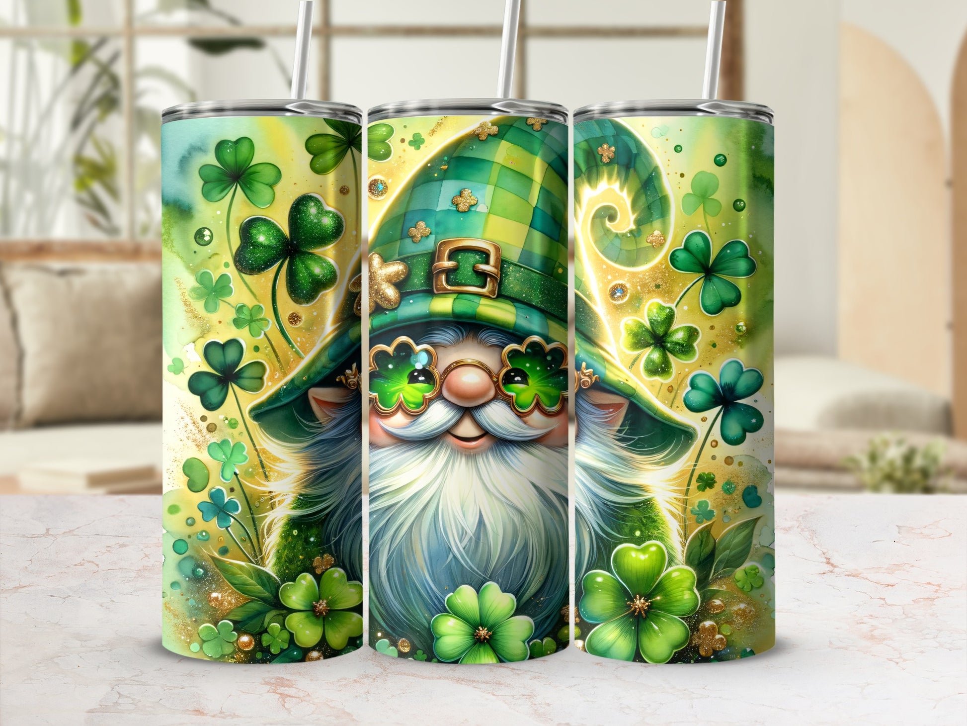 Green gnome wearing checkered hat and clover glasses, surrounded by shamrocks.