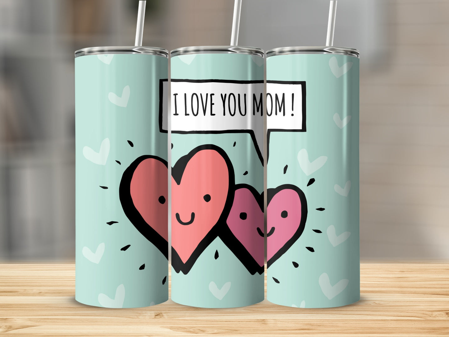 I Love You Mom Heart Design Tumbler With Straw Product