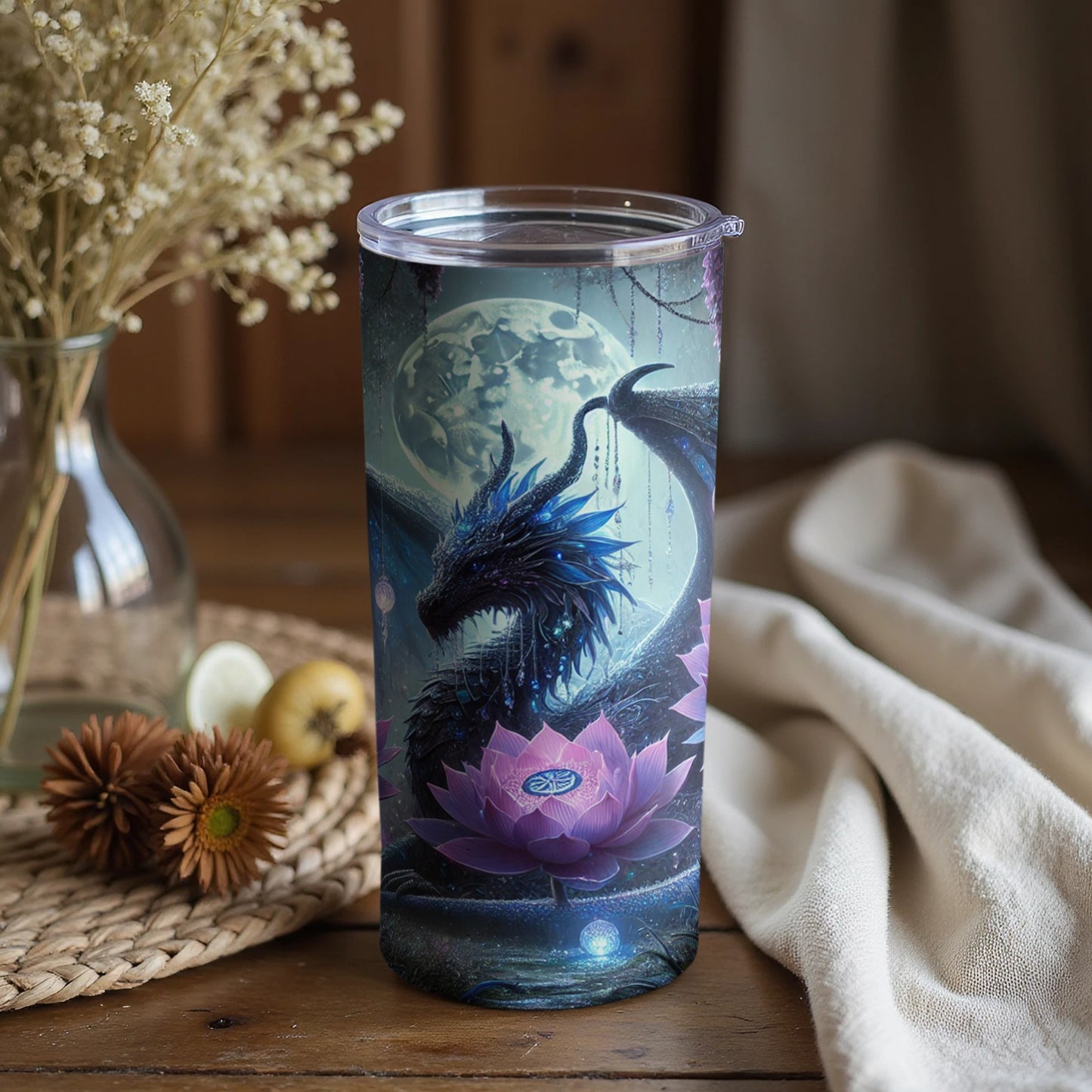 Majestic Dragon and Lotus Flower Design Travel Tumbler