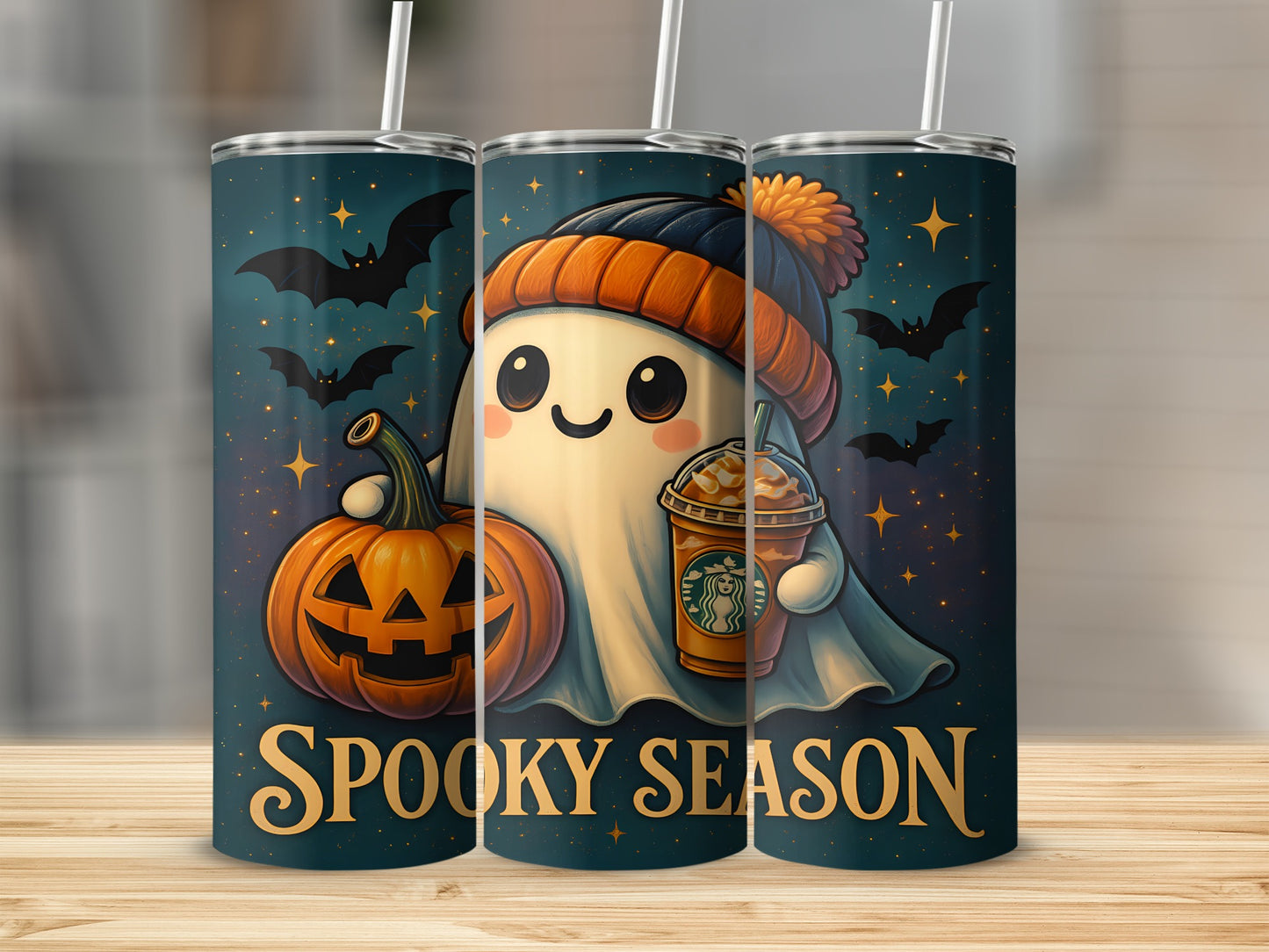 Ghost in a beanie holding a pumpkin and coffee cup with "Spooky Season" text.