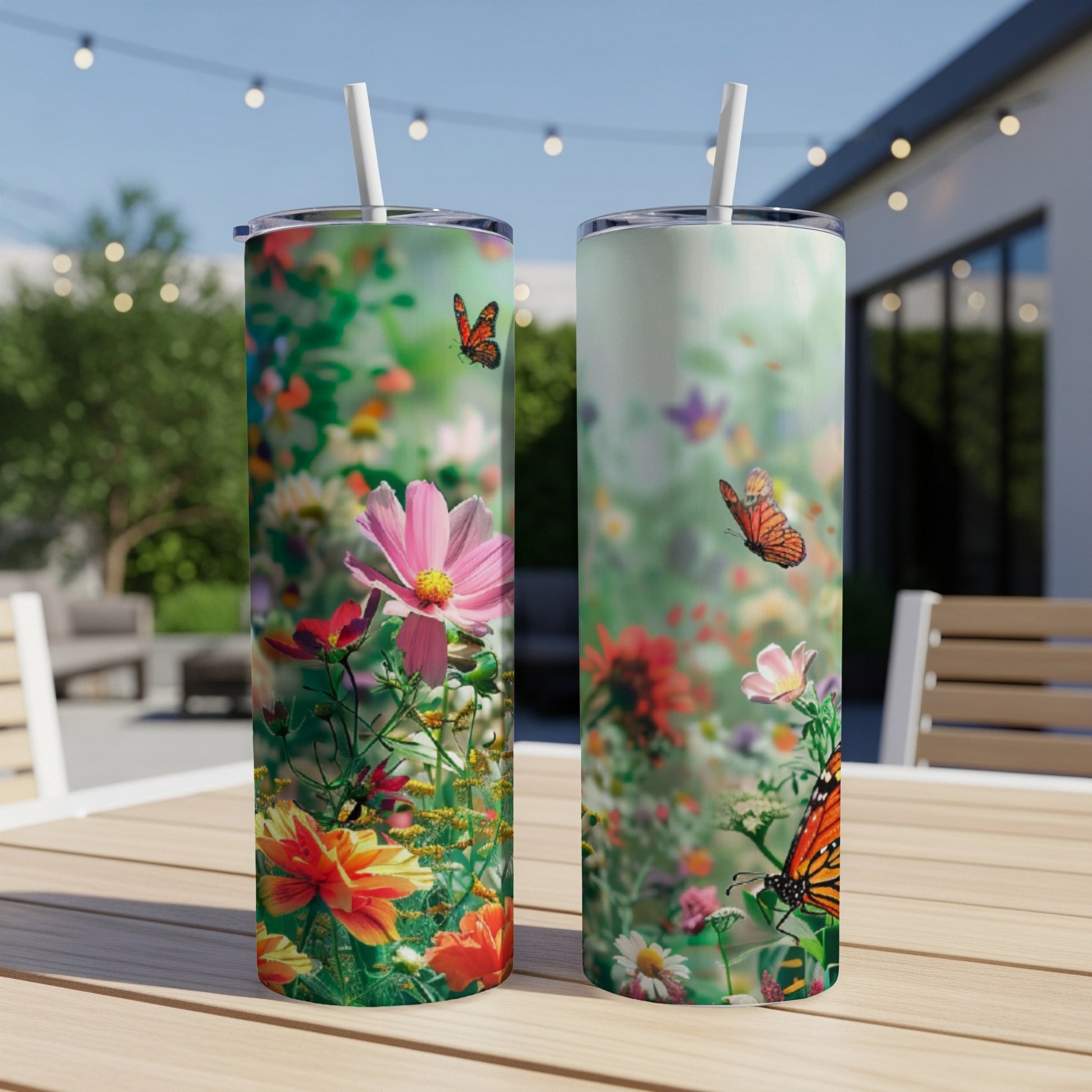 Two tumblers with colorful floral and butterfly designs sit on a table.