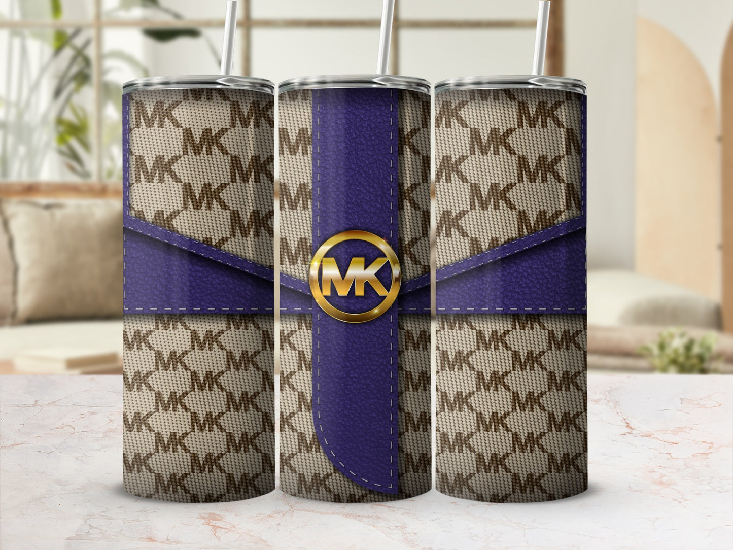 Elegant Purple and Tan Pattern Tumbler with MK Logo