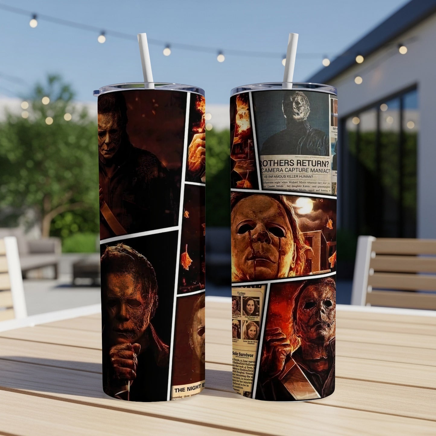 Tumblers featuring collage of Michael Myers from the Halloween movies.