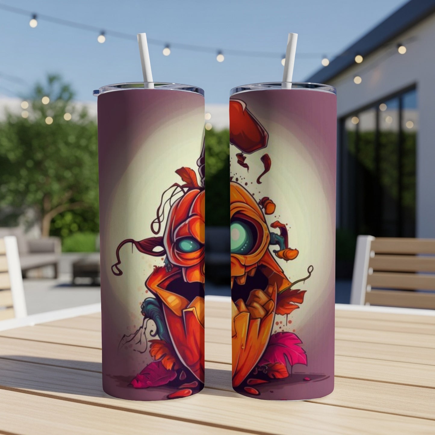 Two tumblers with a cartoonish, broken pumpkin Halloween design and straws.
