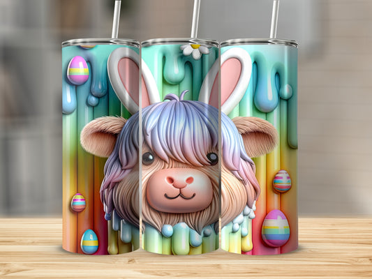 Highland cow with pastel rainbow drips and bunny ears, holding Easter eggs.