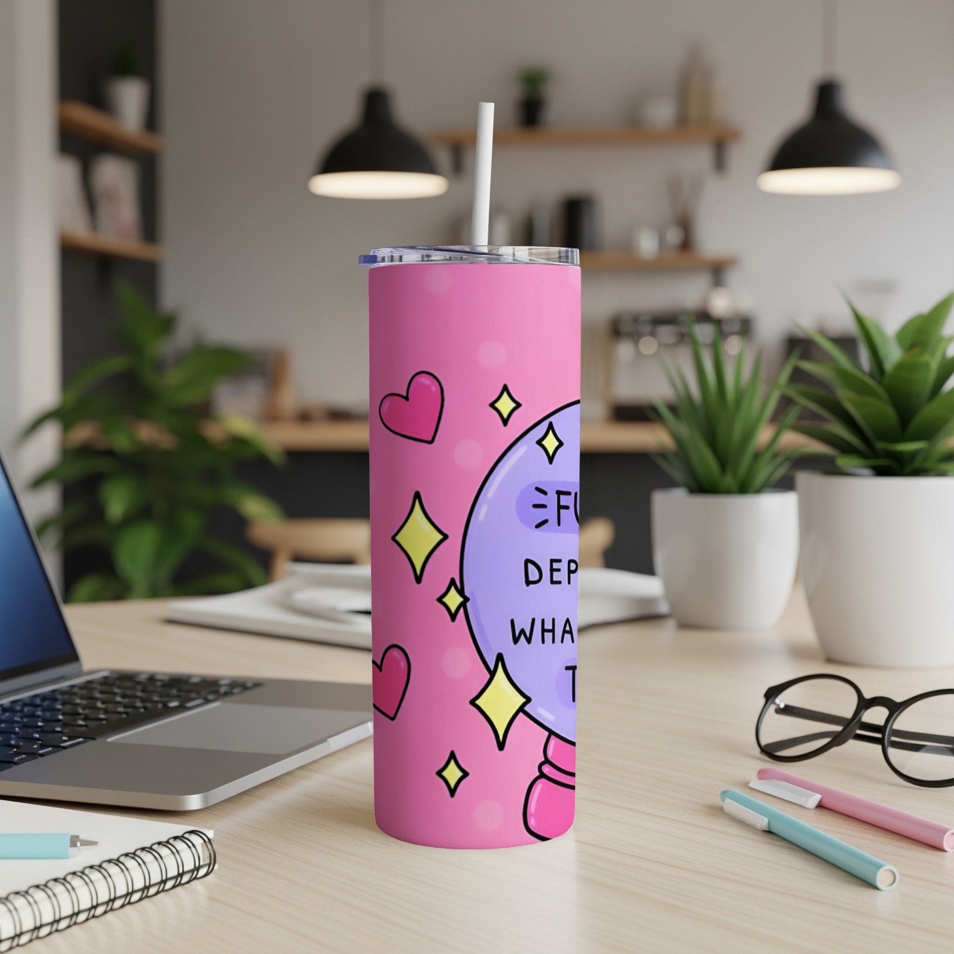 Pink tumbler with hearts, stars, and "Fuck around and find out" text.