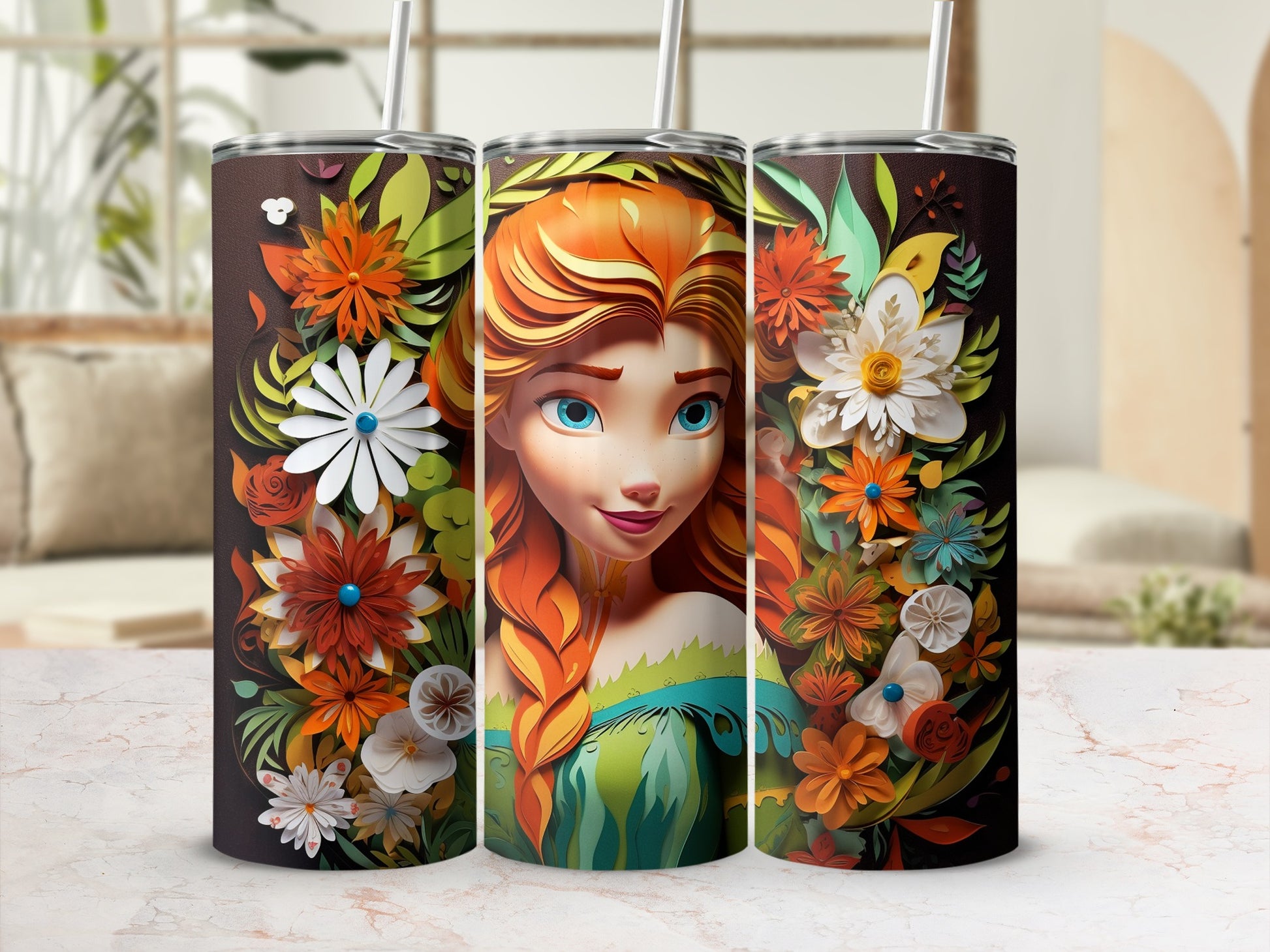 Vibrant Floral Design Tumbler with Animated Character