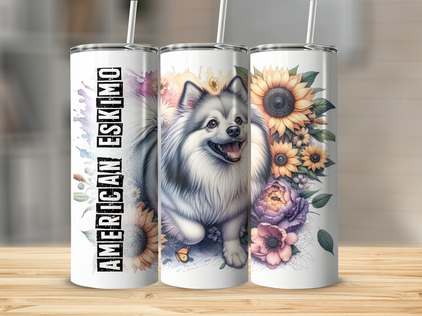Tumbling Eskimo dog artwork with sunflowers and peonies on a tumbler.
