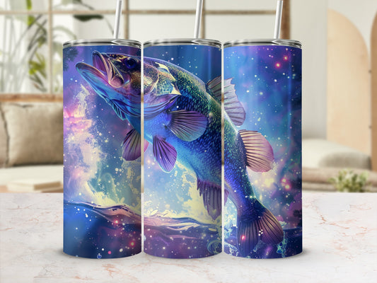 Three tumblers featuring a jumping bass fish against a starry, cosmic background.
