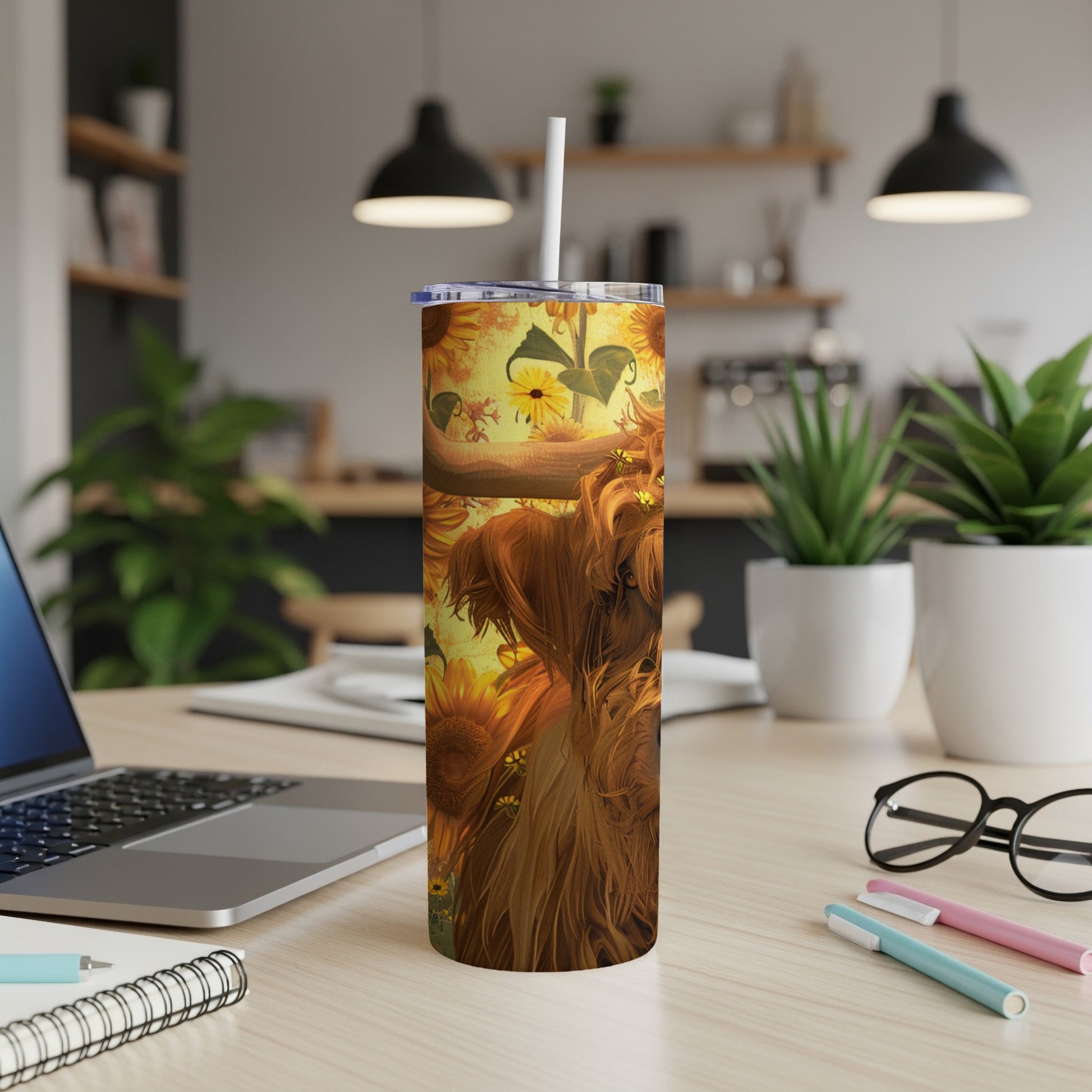 Brown Highland cow with sunflowers on a tall tumbler with a straw.