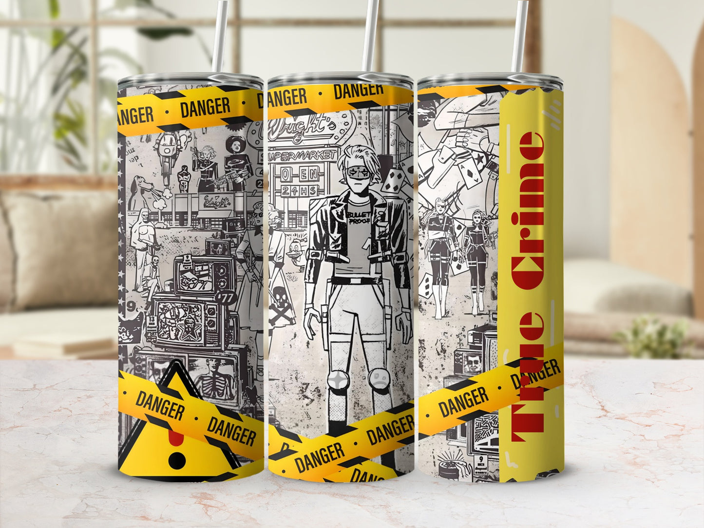 True Crime Comic Book Style Tumbler With Danger Signs