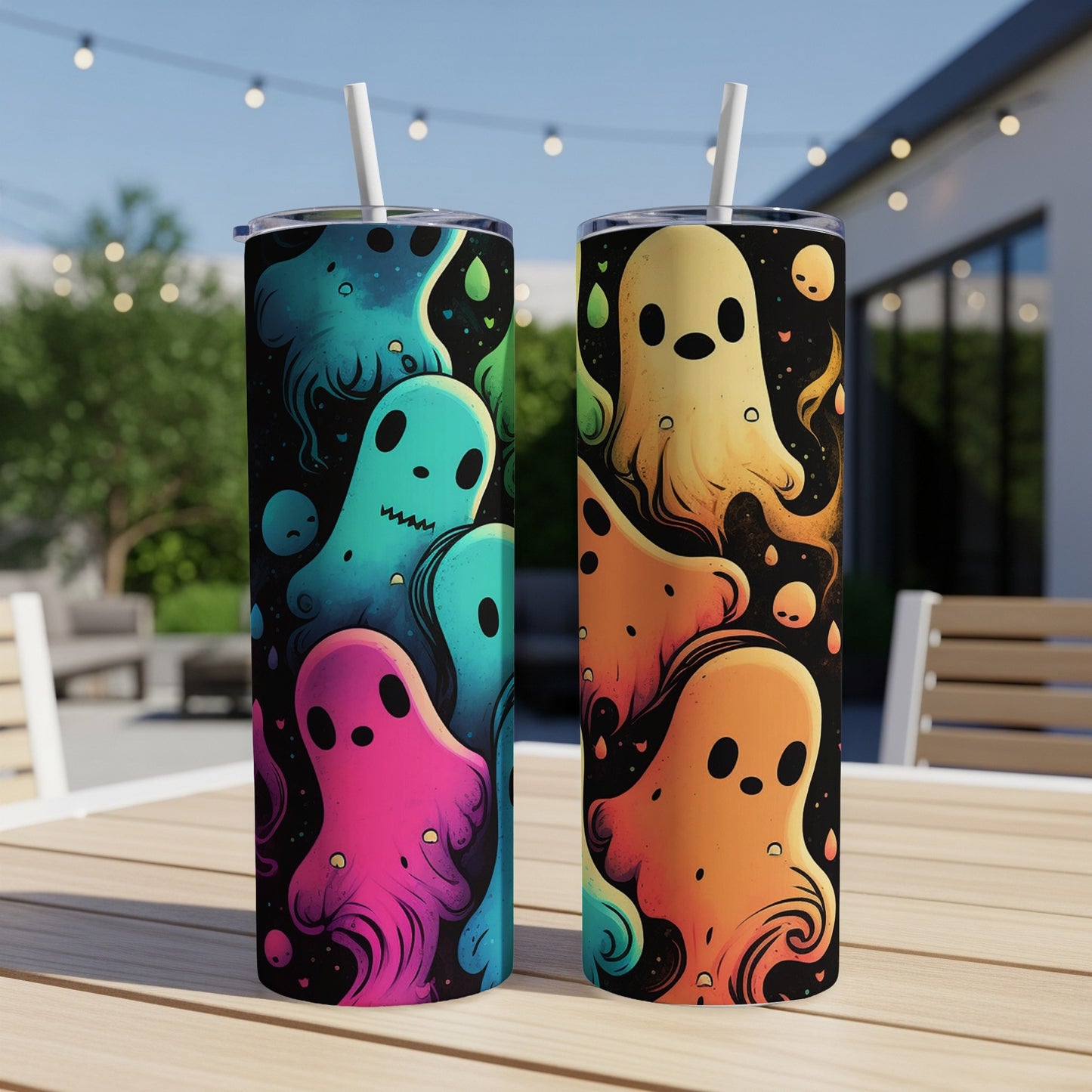 Two tumblers with colorful ghost designs on a wooden table outdoors.