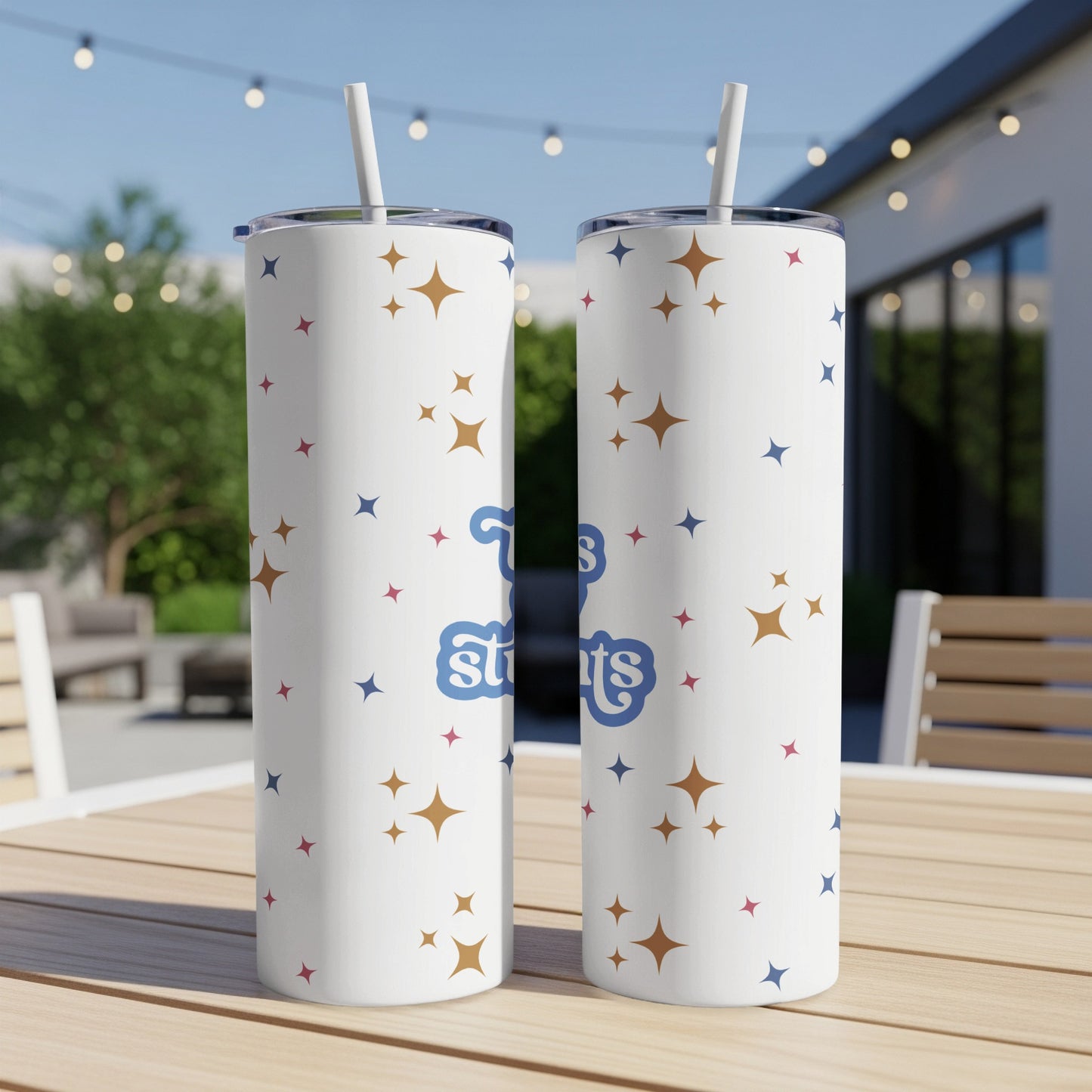 Two white tumblers with colorful star pattern and text "Tuesdays are for tacos".