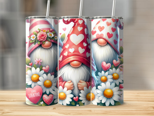 Three Valentine's Day gnomes with daisies and hearts on tumblers.