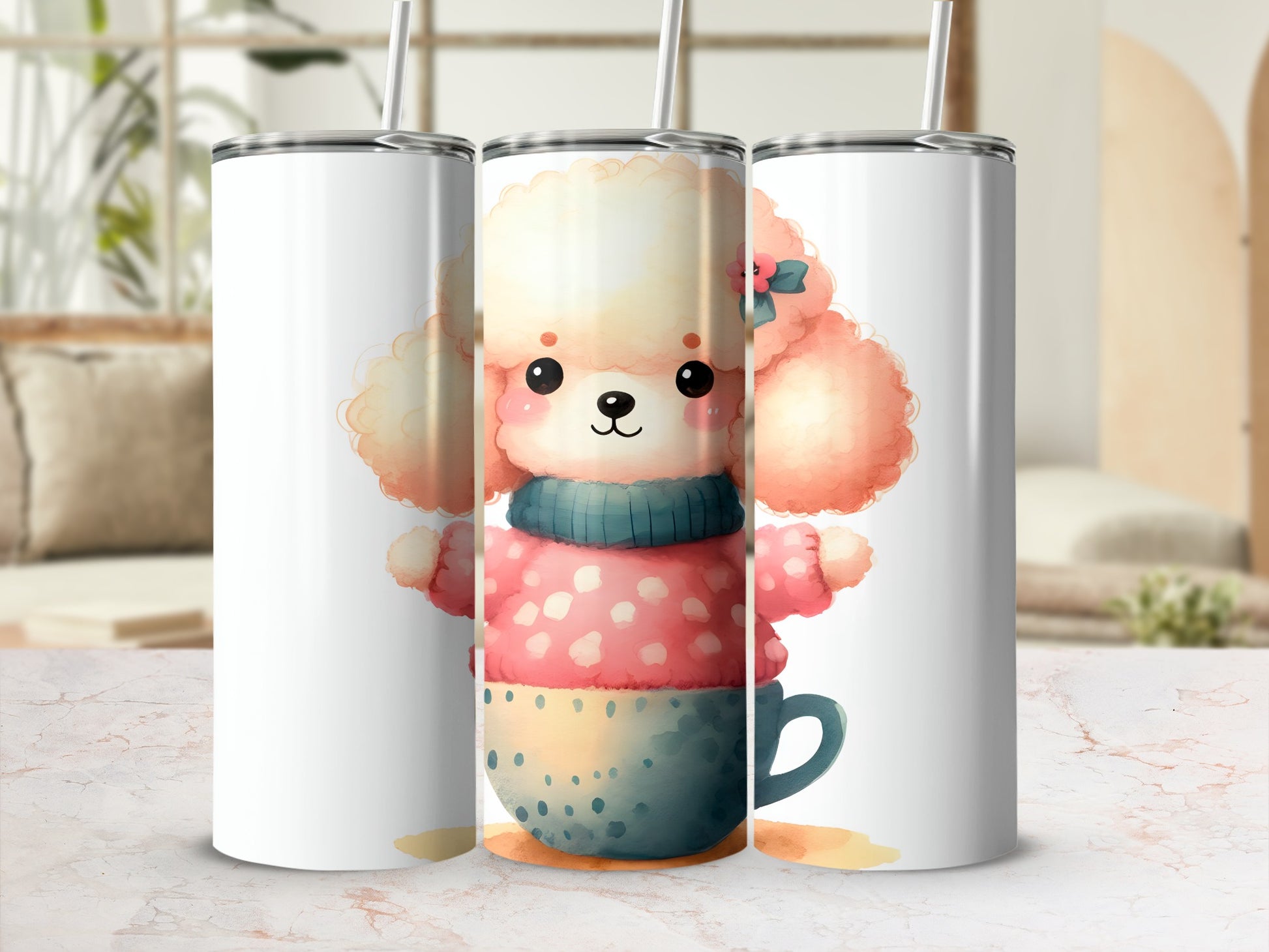 Three white tumblers with a fluffy pink poodle in a teacup illustration.