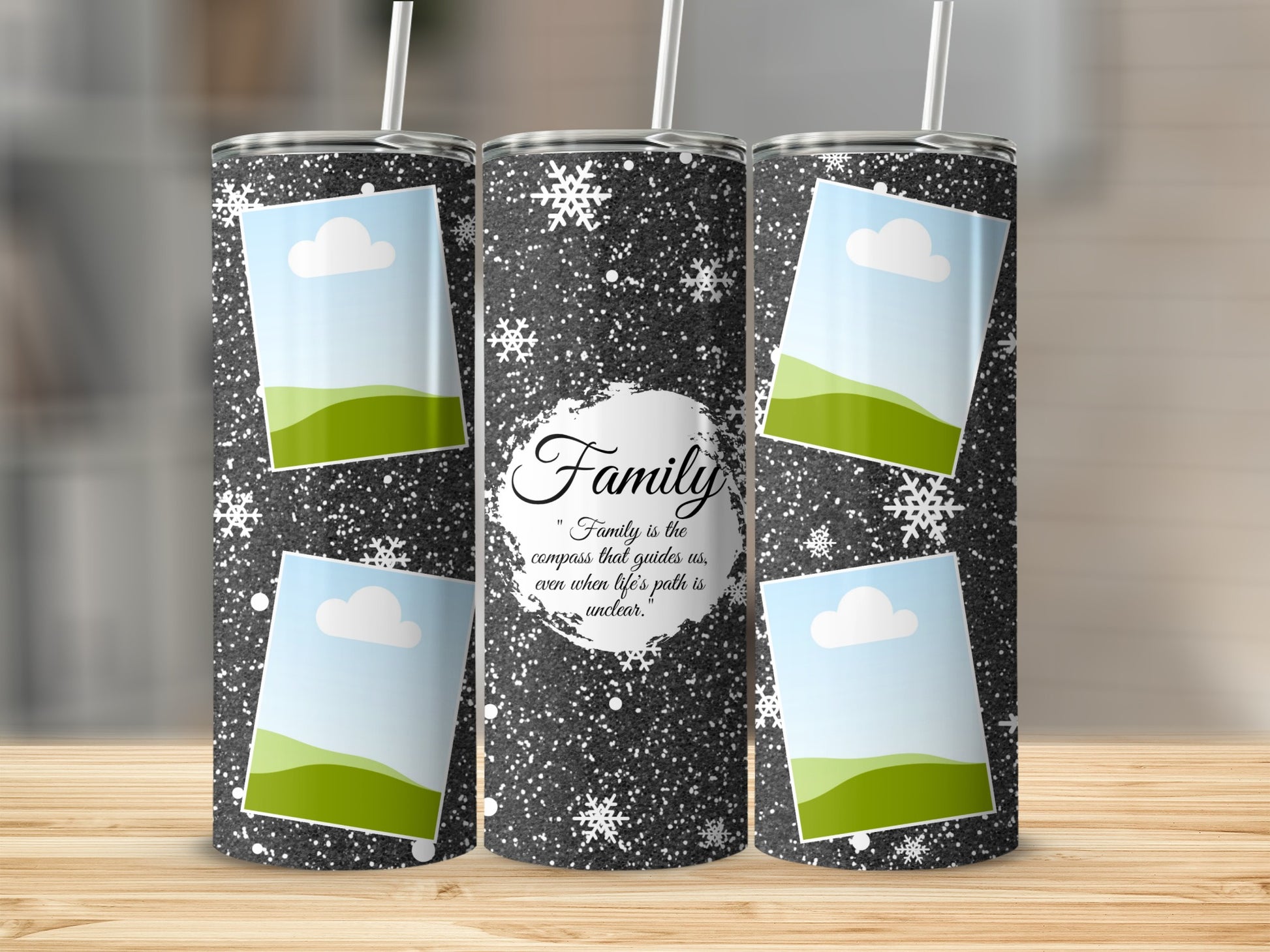 Black glitter tumbler with snowflakes, photo frames, and "Family" quote.