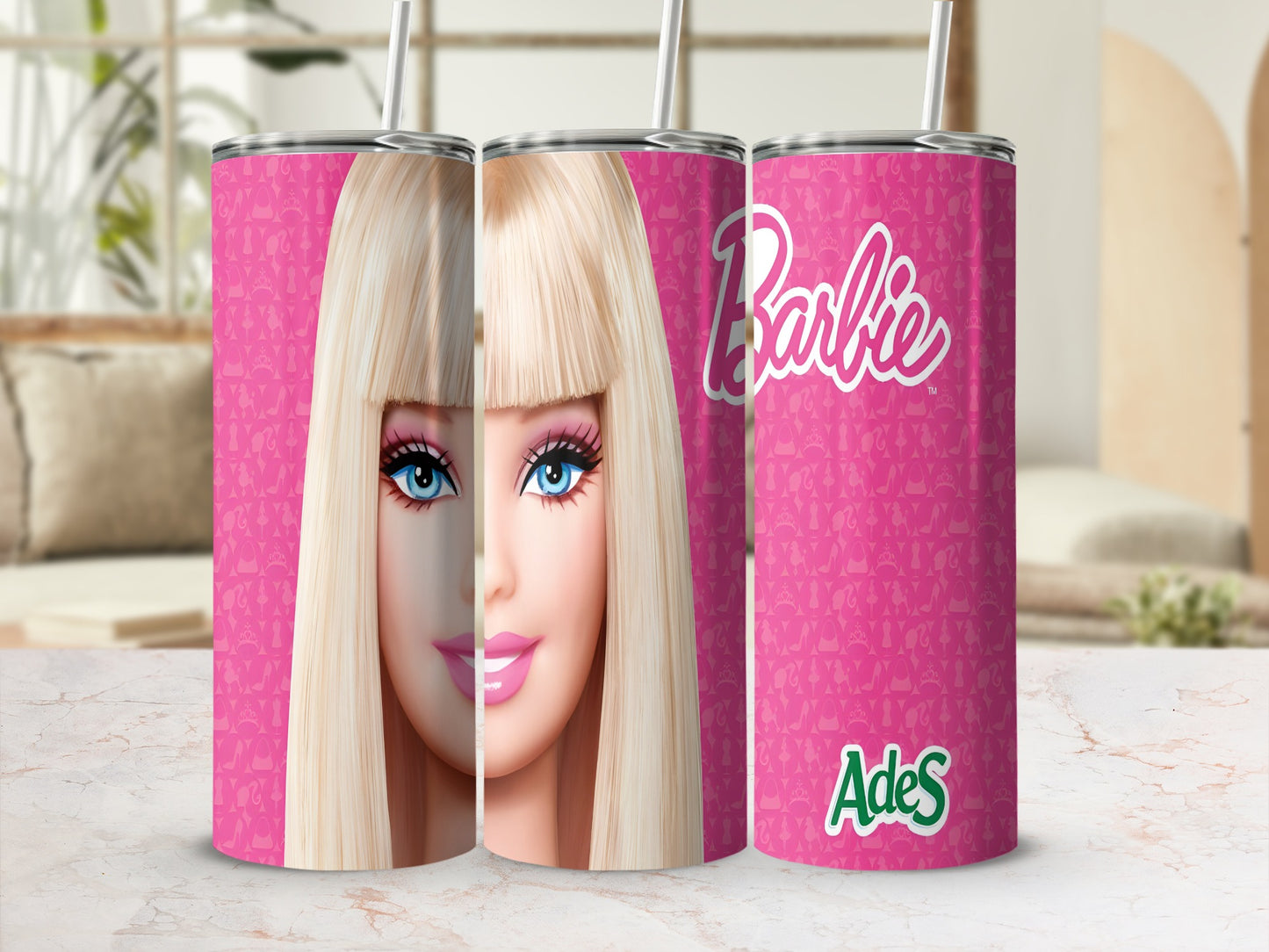 Barbie tumbler with pink Barbielogo and Adele's name.