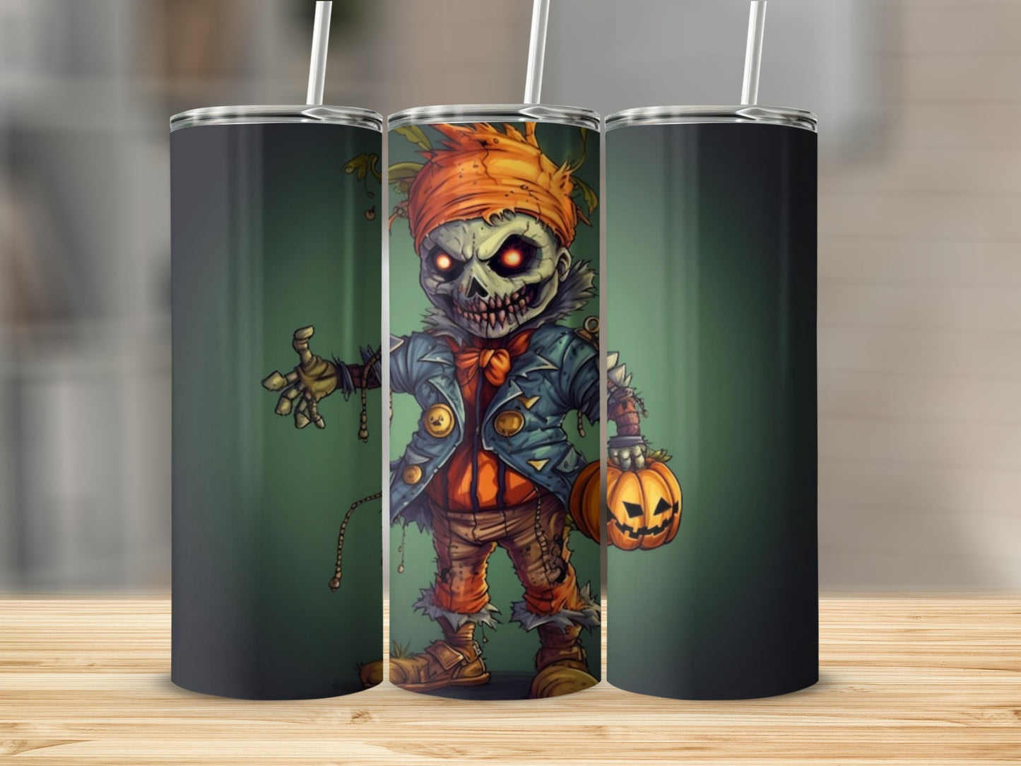 Spooky scarecrow with pumpkin, holding a straw, on a tumbler design