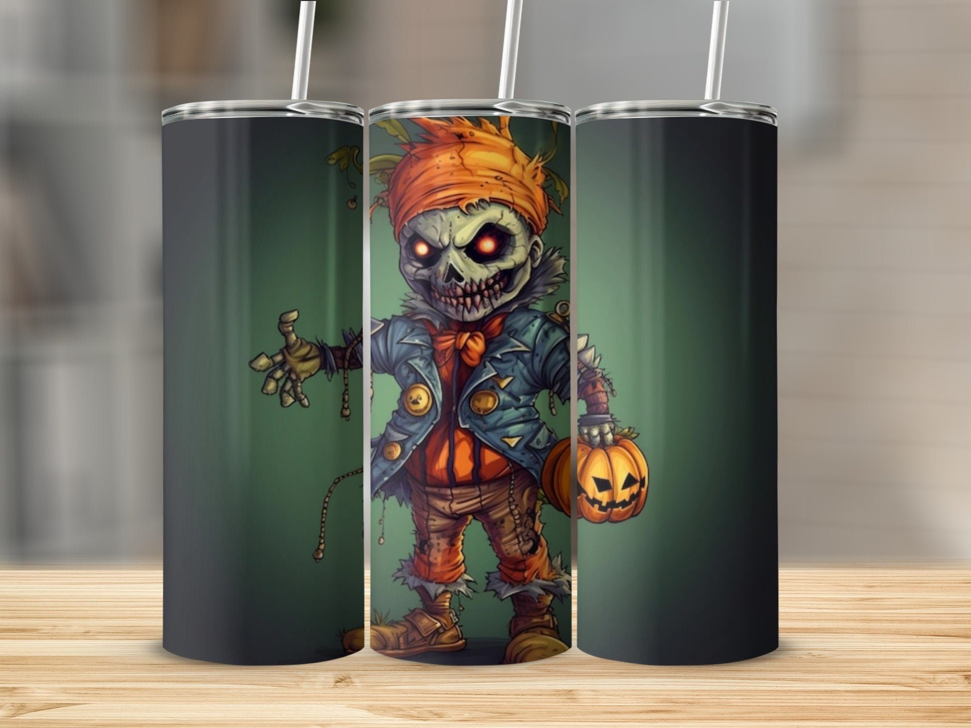 Spooky scarecrow with pumpkin, holding a straw, on a tumbler design