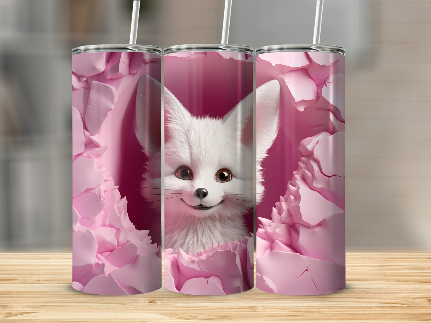 Cute White Fox Pink Background Tumbler Cup