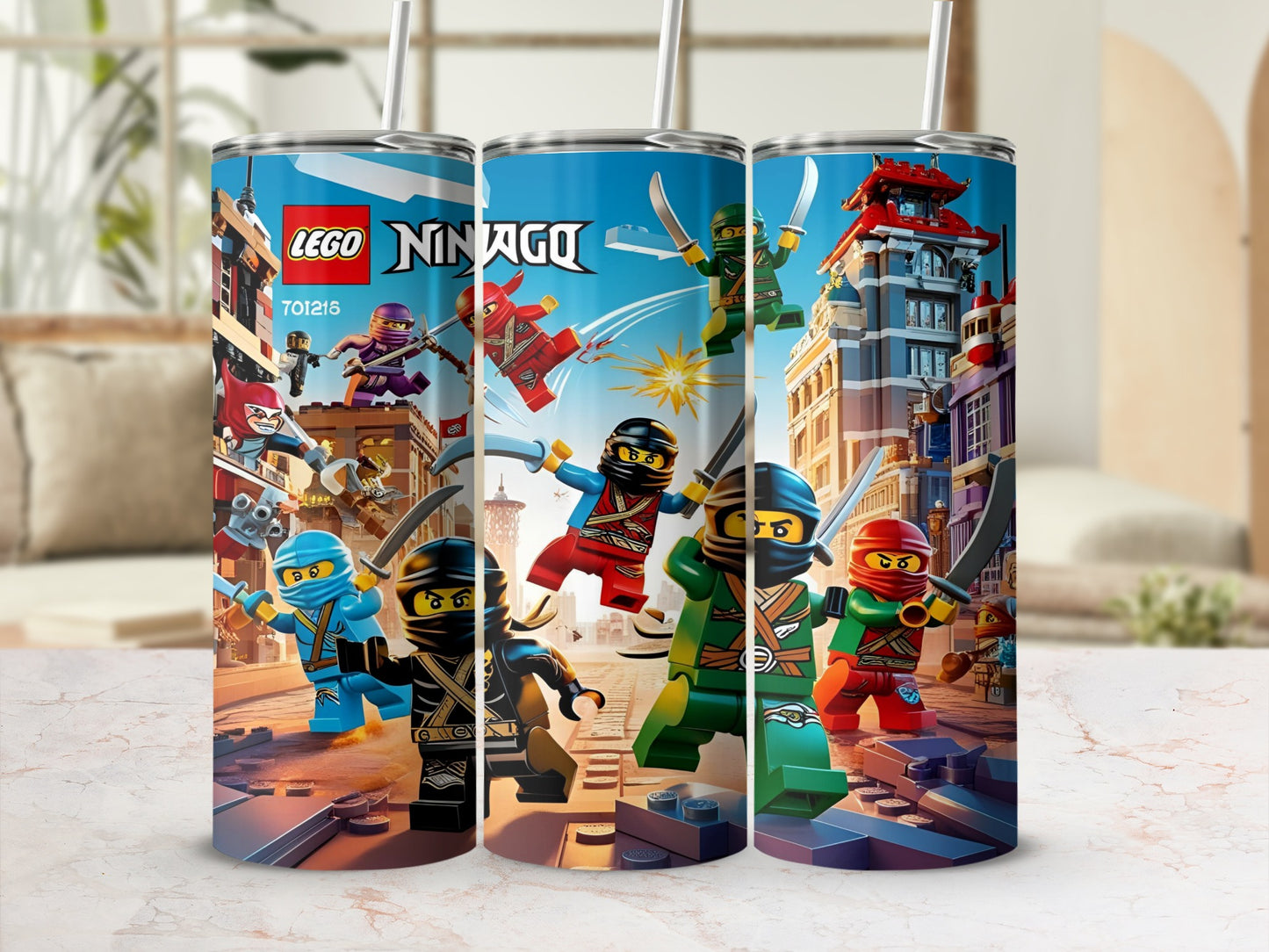 Three Lego Ninjago tumblers with characters Kai, Jay, and Zane on city background.