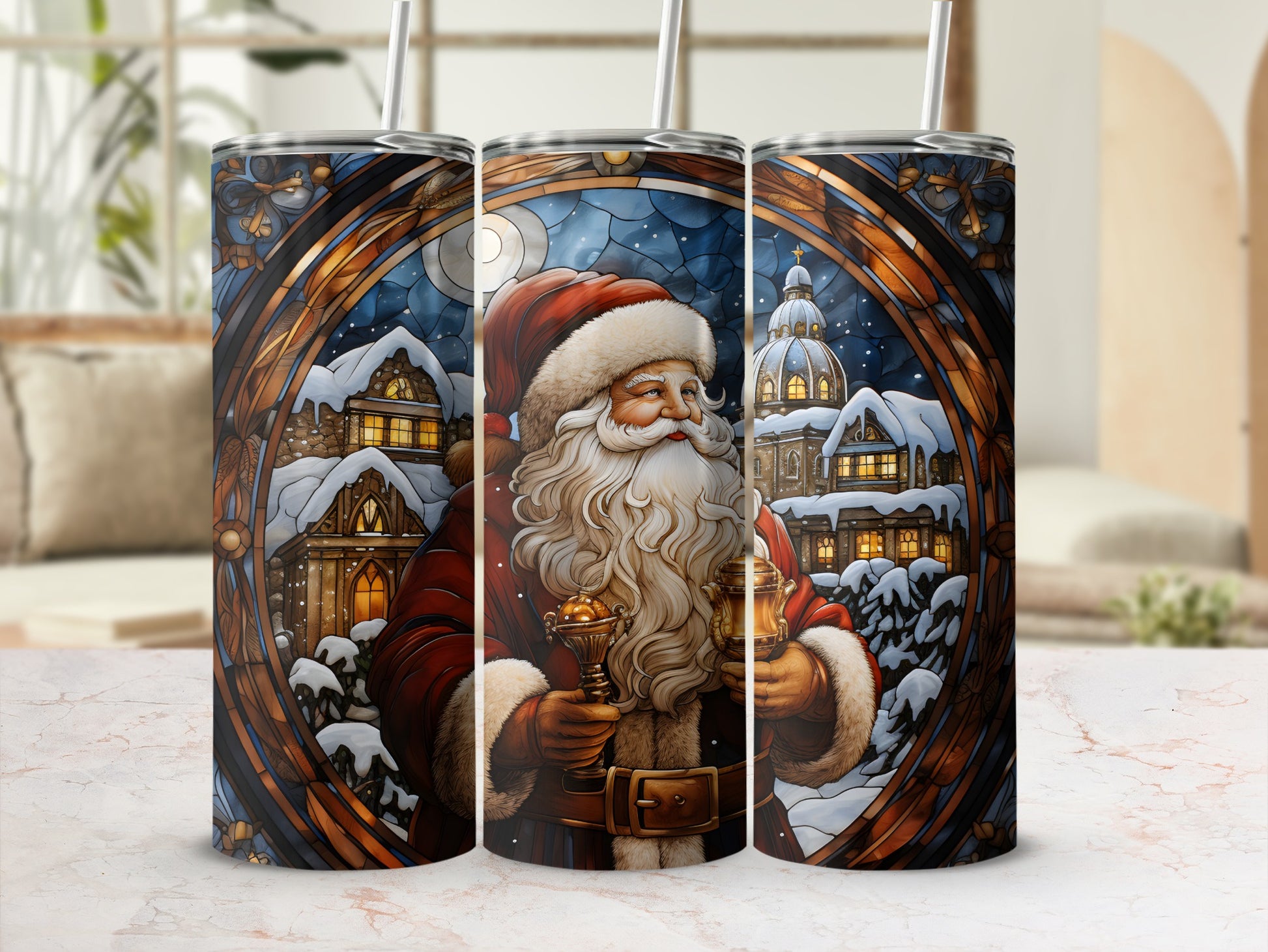 Santa Claus holding lanterns in a snowy village, digital art.