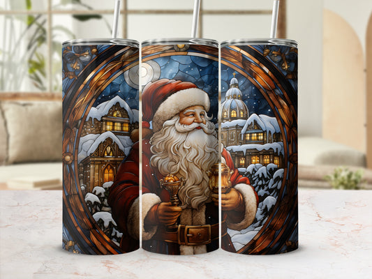 Santa Claus holding lanterns in a snowy village, digital art.