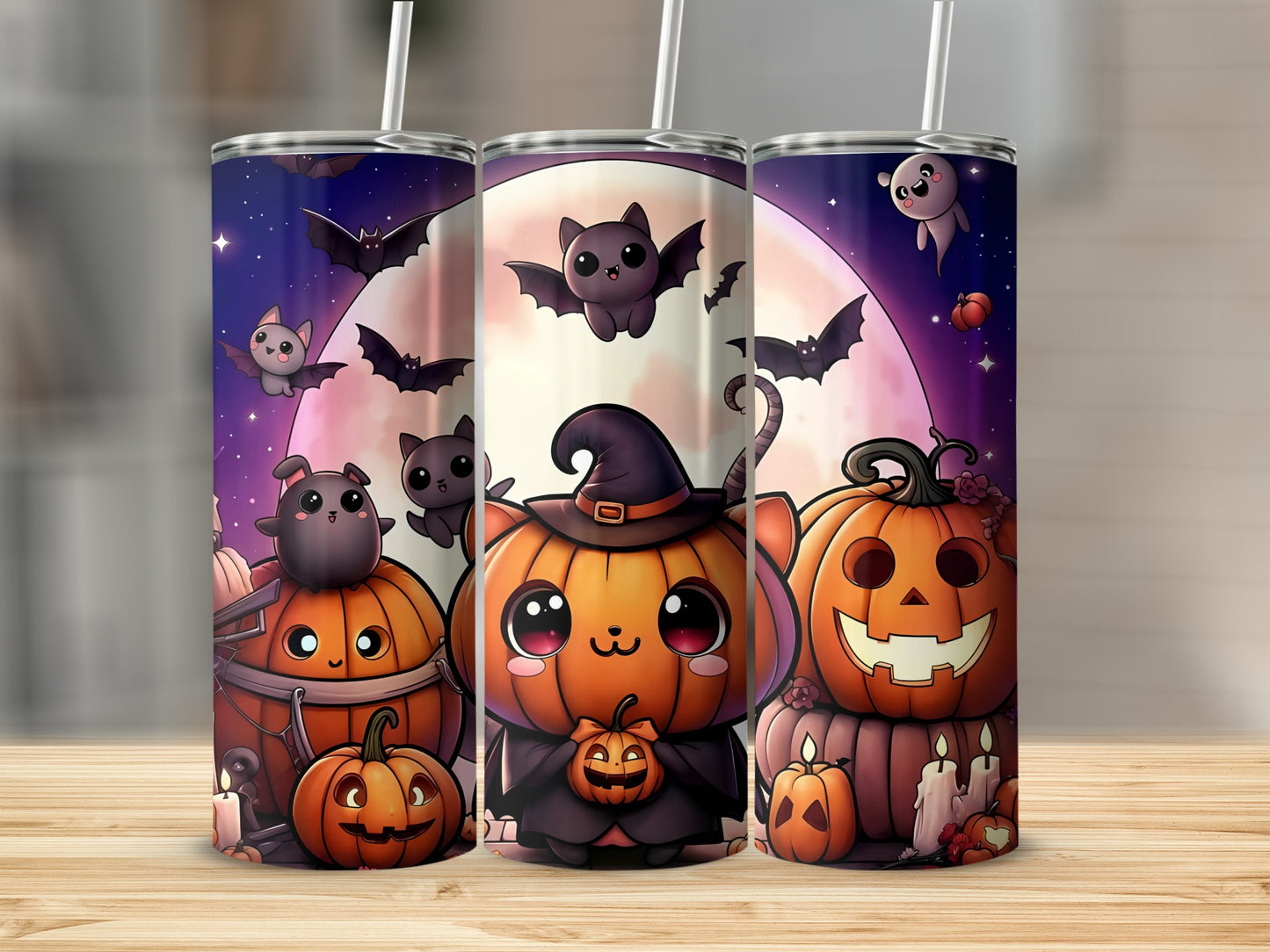 Three Halloween-themed tumblers feature cute cartoon pumpkins, bats, ghosts, and a large moon.