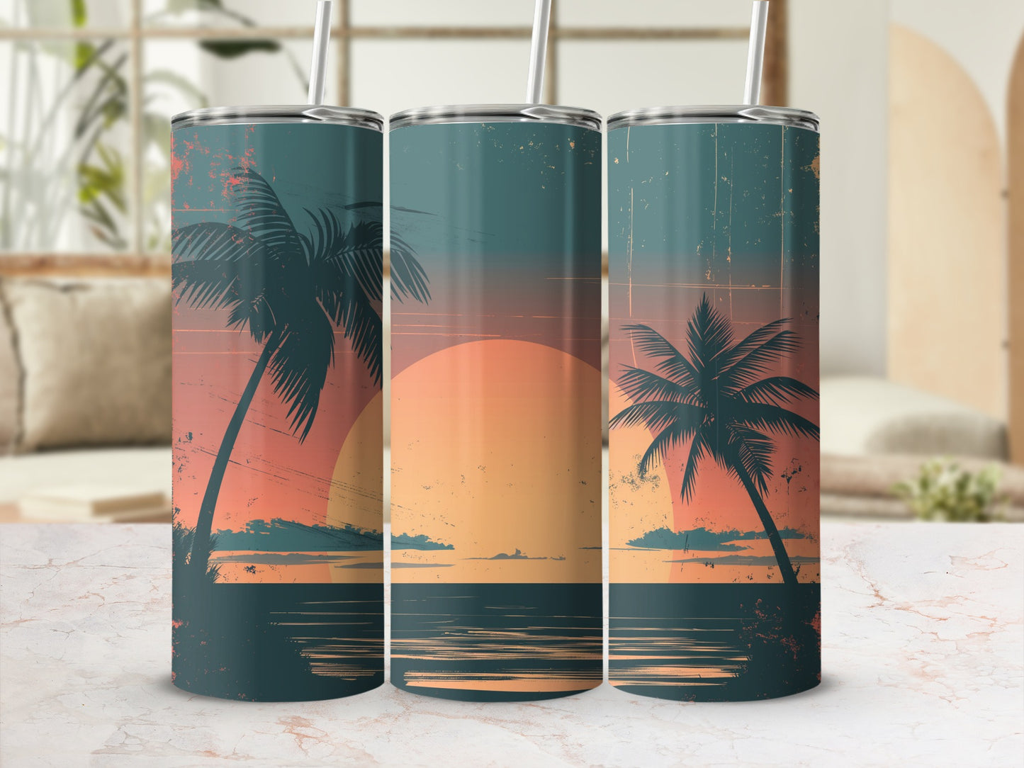 Three tumblers with a sunset beach scene featuring palm trees and the ocean.