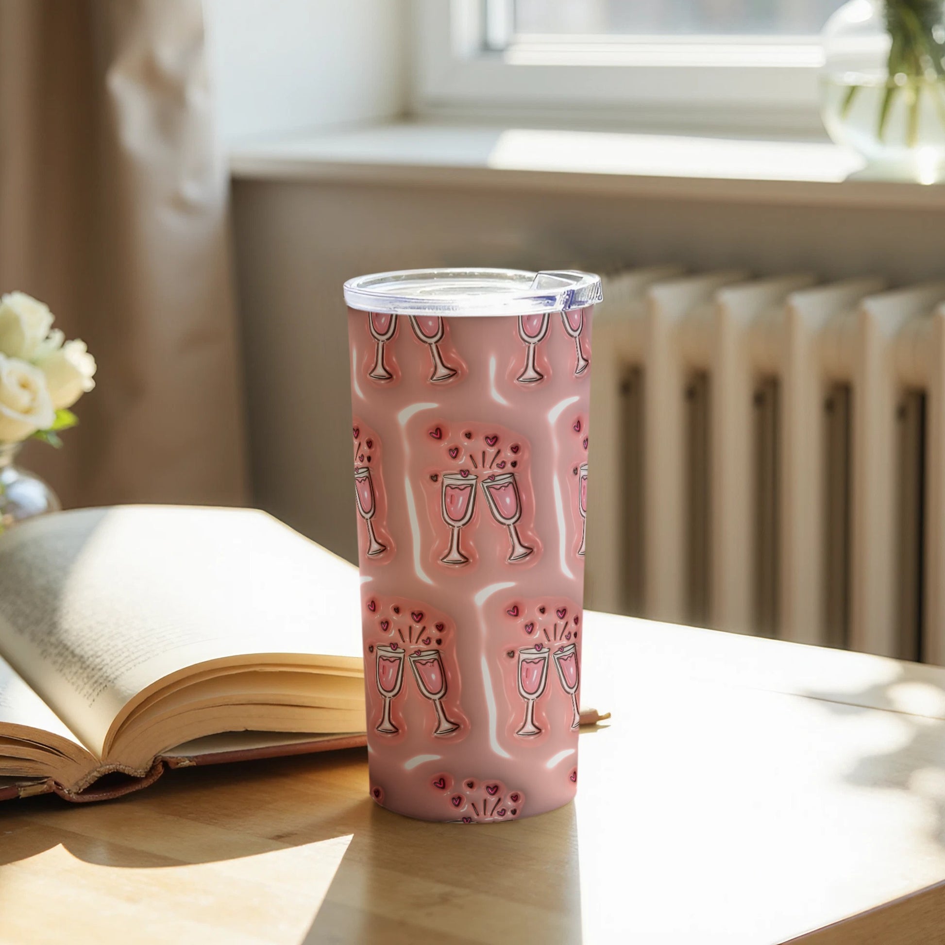 Pink Champagne Glasses Pattern Tumbler with Lid