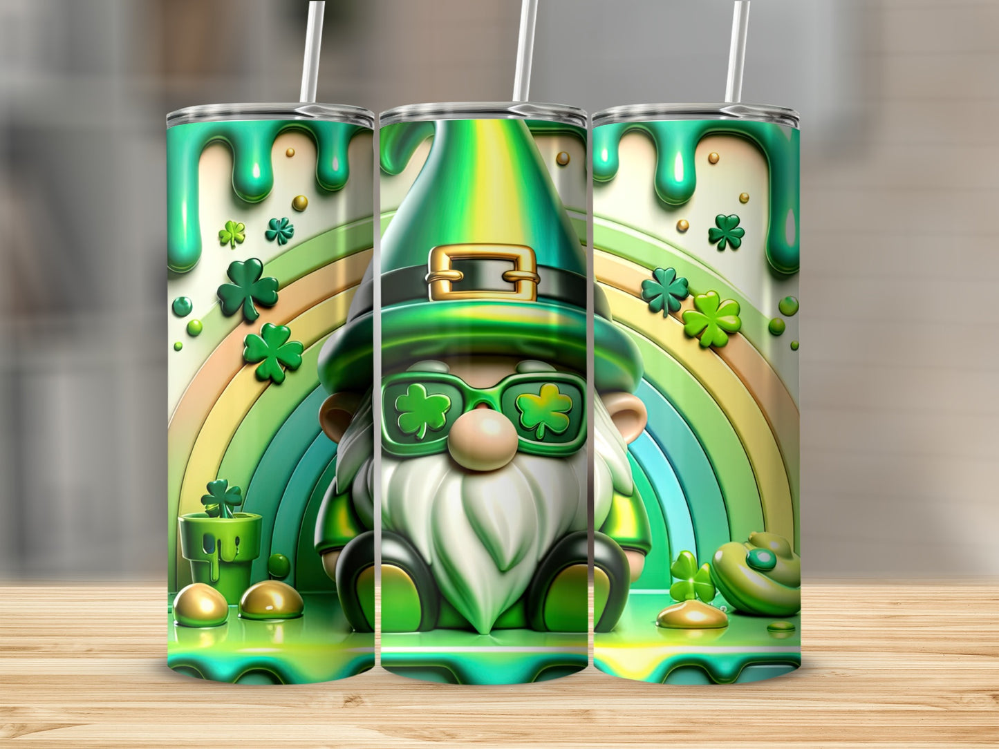 Green gnome with sunglasses on rainbow, three tumblers with shamrocks and gold.