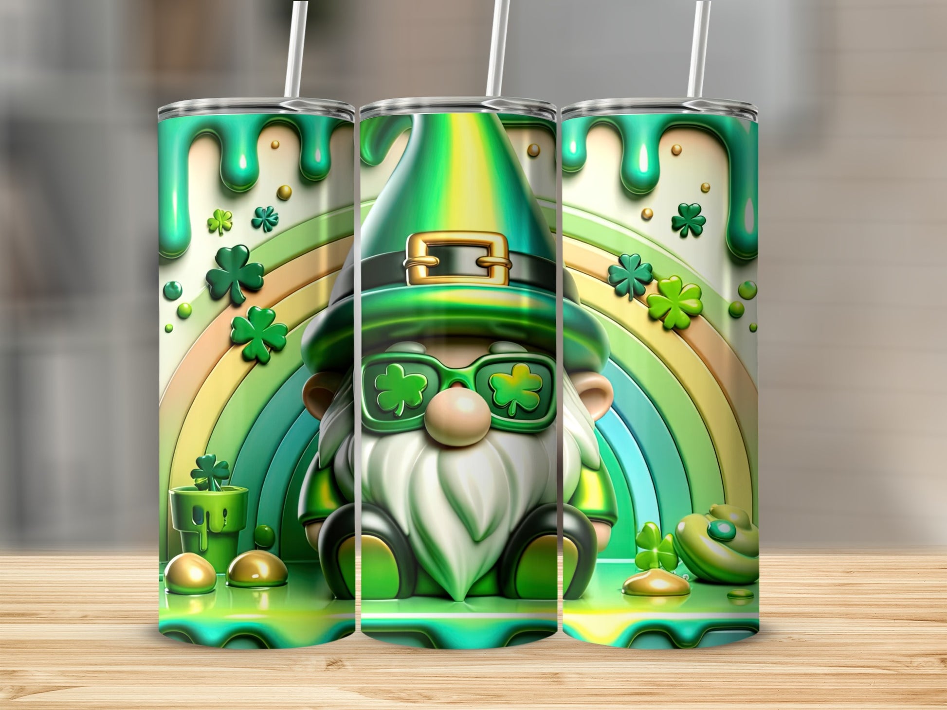 Green gnome with sunglasses on rainbow, three tumblers with shamrocks and gold.