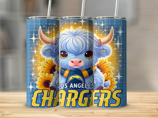 Los Angeles Chargers fuzzy blue bull with sunflowers and glitter.