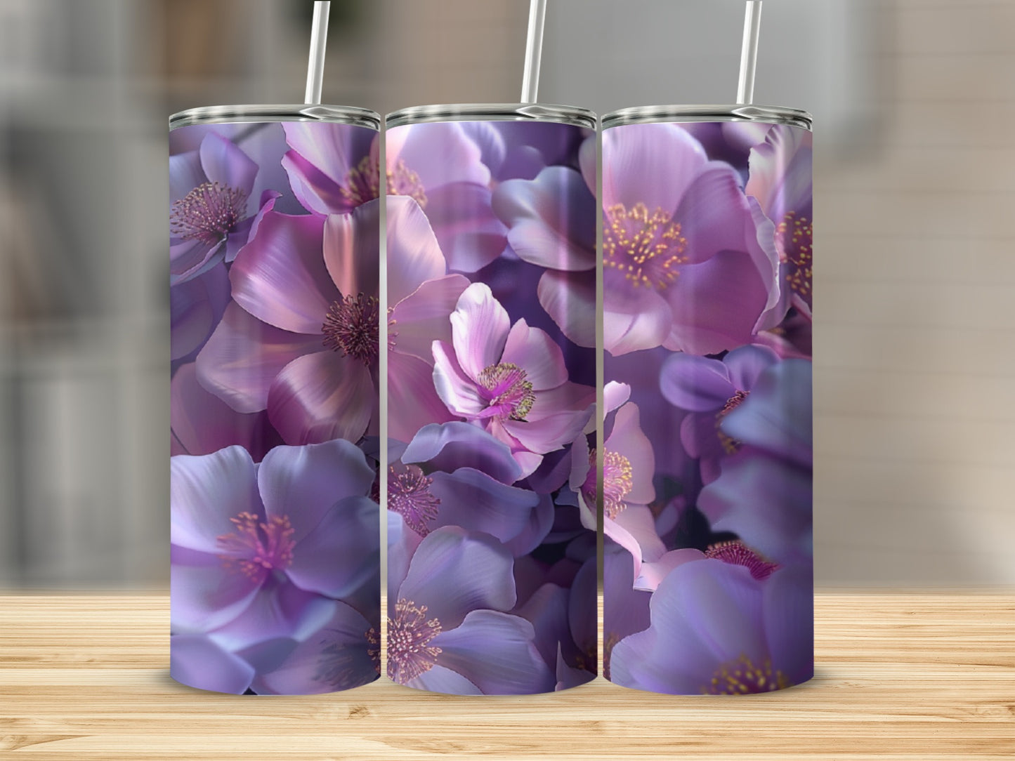 Three tumblers featuring a close-up pattern of purple and pink floral blooms.