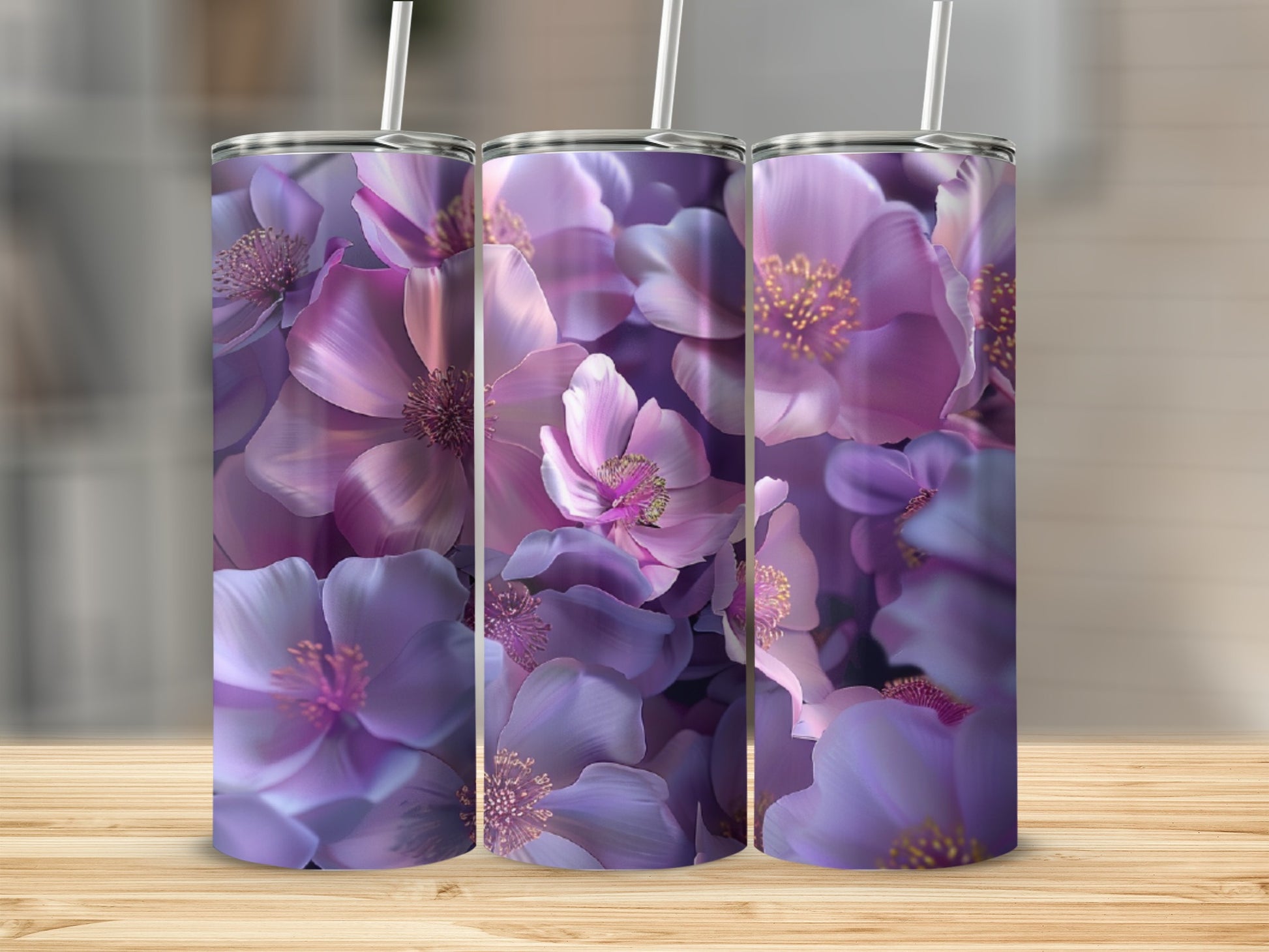 Three tumblers featuring a close-up pattern of purple and pink floral blooms.