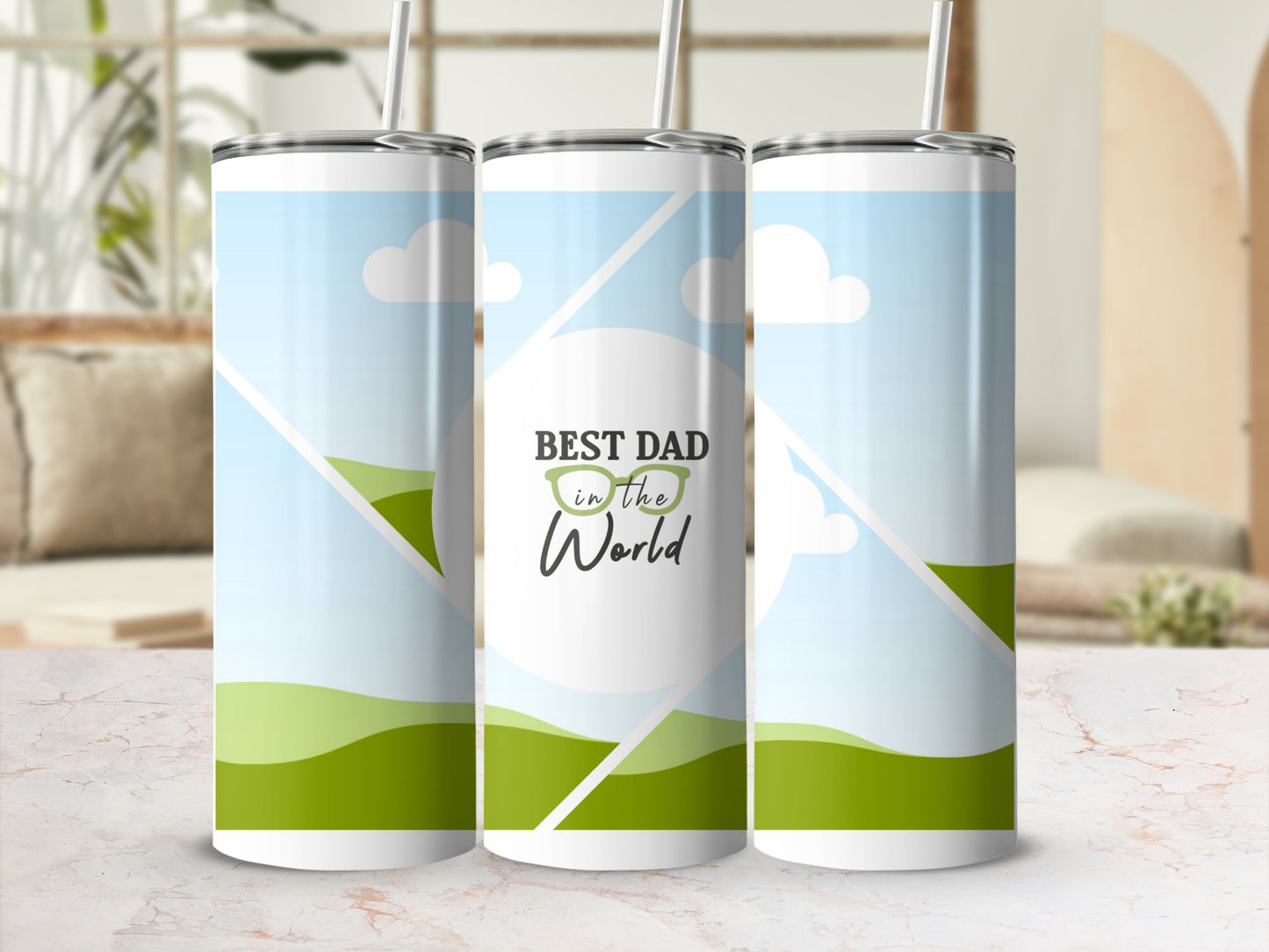 Three tumblers with a "Best Dad in the World" design featuring glasses and a landscape.