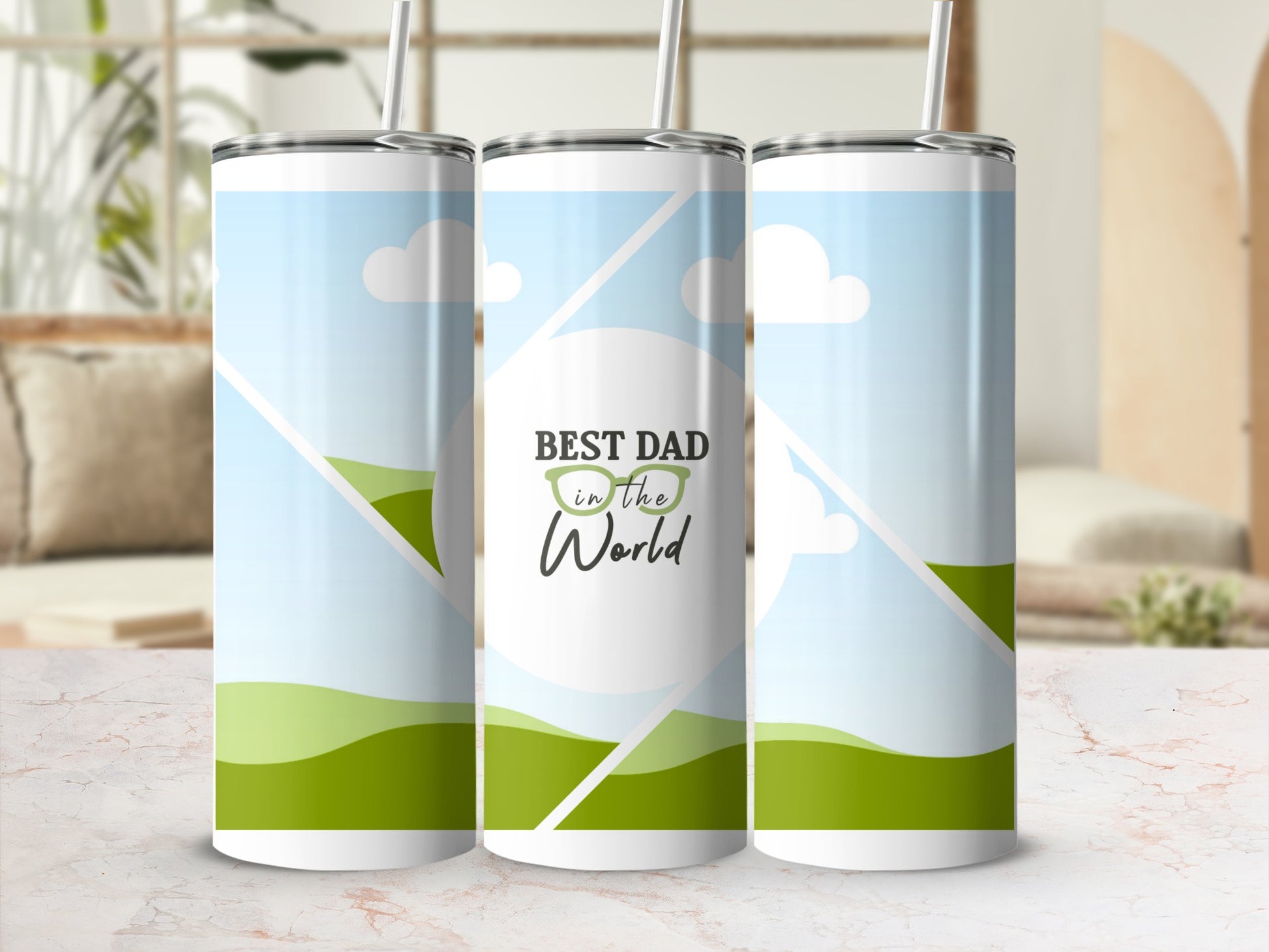 Three tumblers with a "Best Dad in the World" design featuring glasses and a landscape.