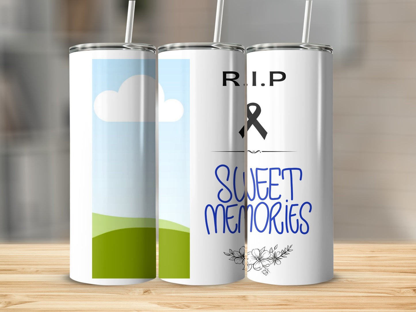 Tumblers with R.I.P. ribbon, sweet memories text, and cloud landscape design.