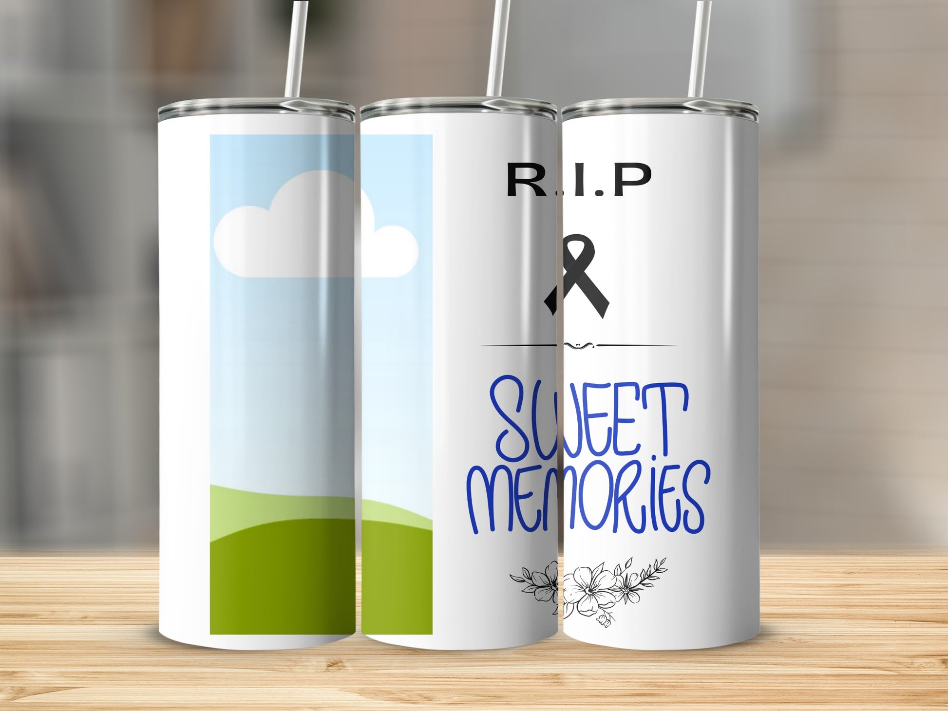 Tumblers with R.I.P. ribbon, sweet memories text, and cloud landscape design.