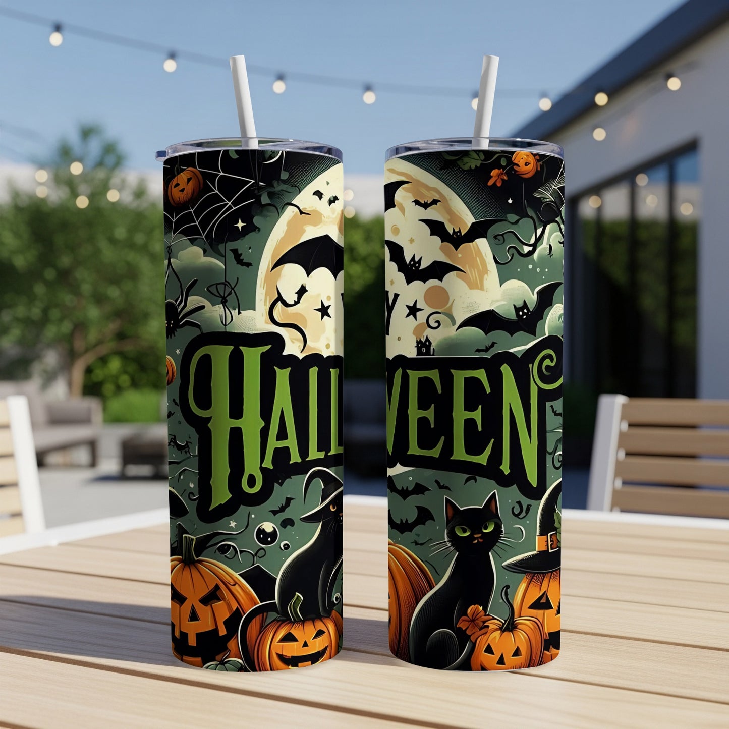 Two tumblers with a Halloween theme, featuring pumpkins, black cats, bats, and the word "Halloween".