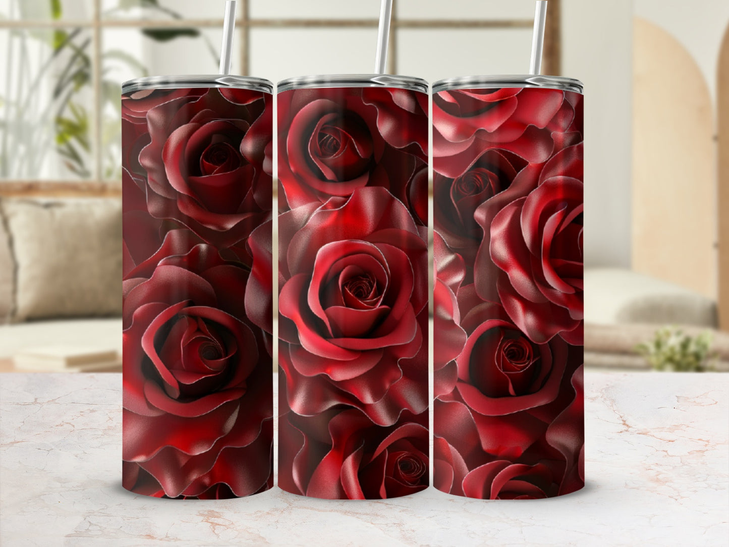 Three tumblers with a deep red rose floral pattern.