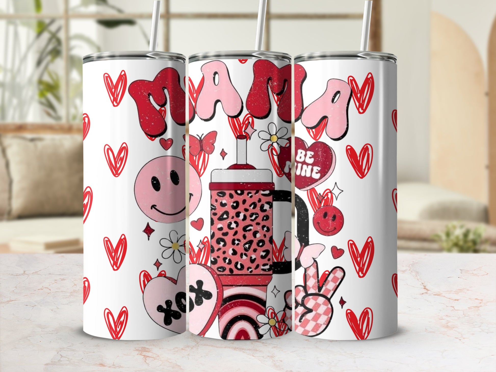 Cute Mama Hearts and Smiley Tumbler with Straw