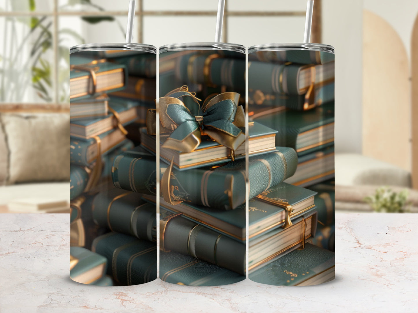 Three tumblers with a close-up of stacked antique books tied with a ribbon.