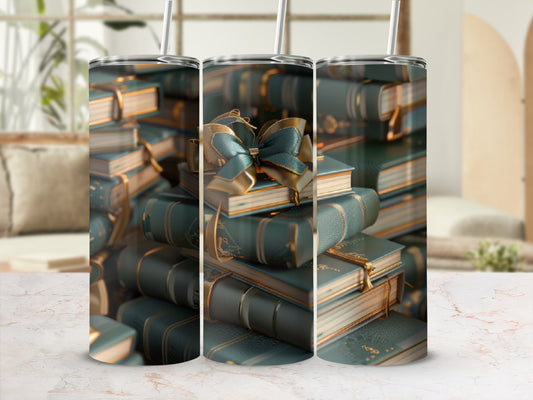 Three tumblers with a close-up of stacked antique books tied with a ribbon.