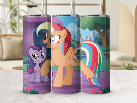 Three My Little Pony characters on colorful tumblers with straws, set against a blurry background.