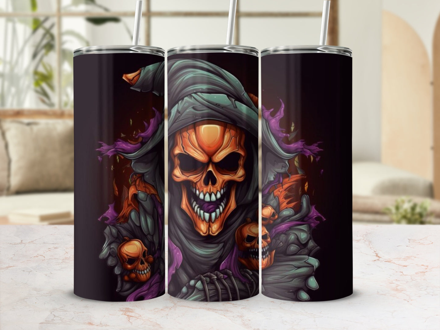 Three tumblers with a Grim Reaper skull and pumpkin Halloween design.