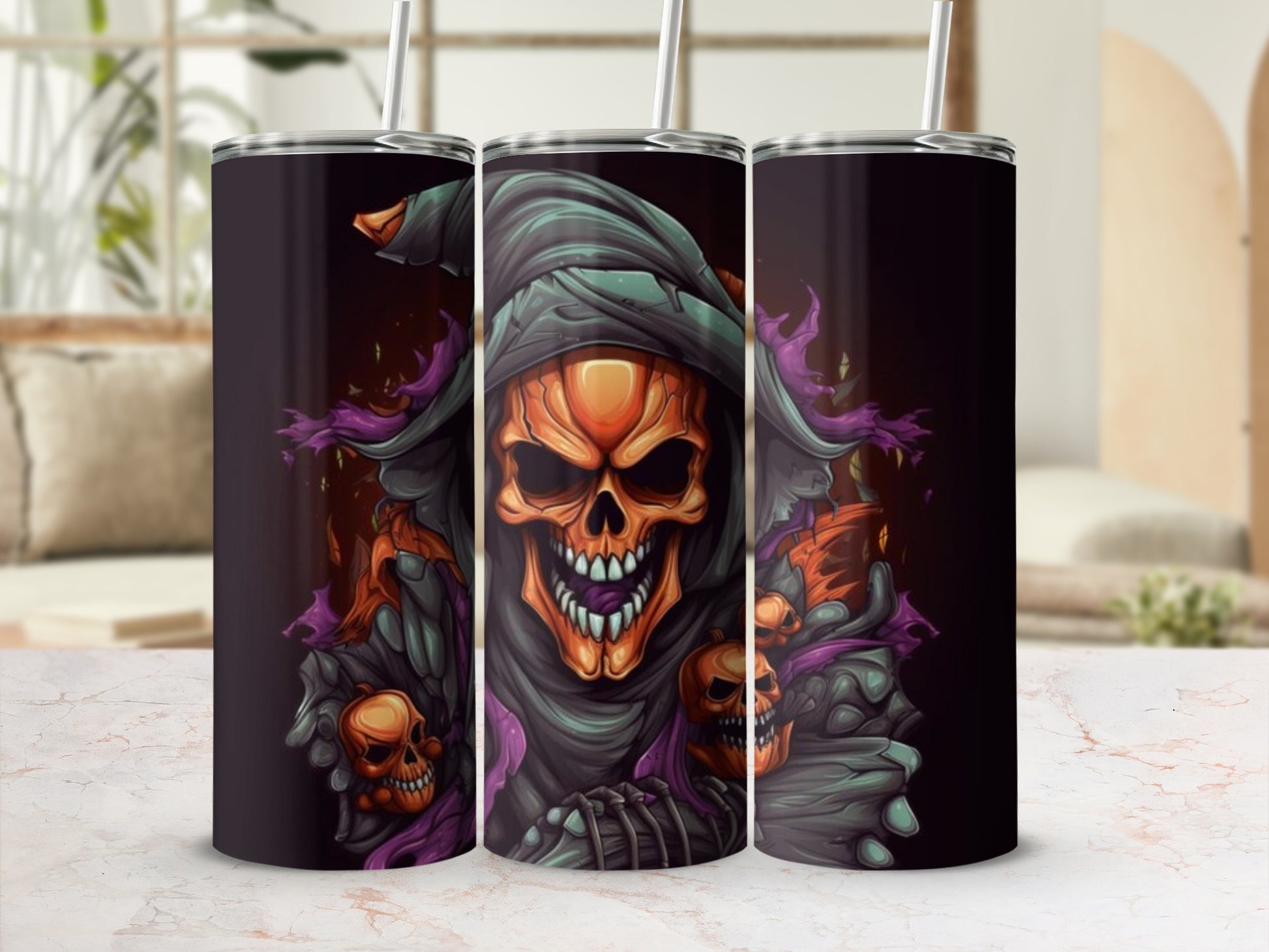 Three tumblers with a Grim Reaper skull and pumpkin Halloween design.