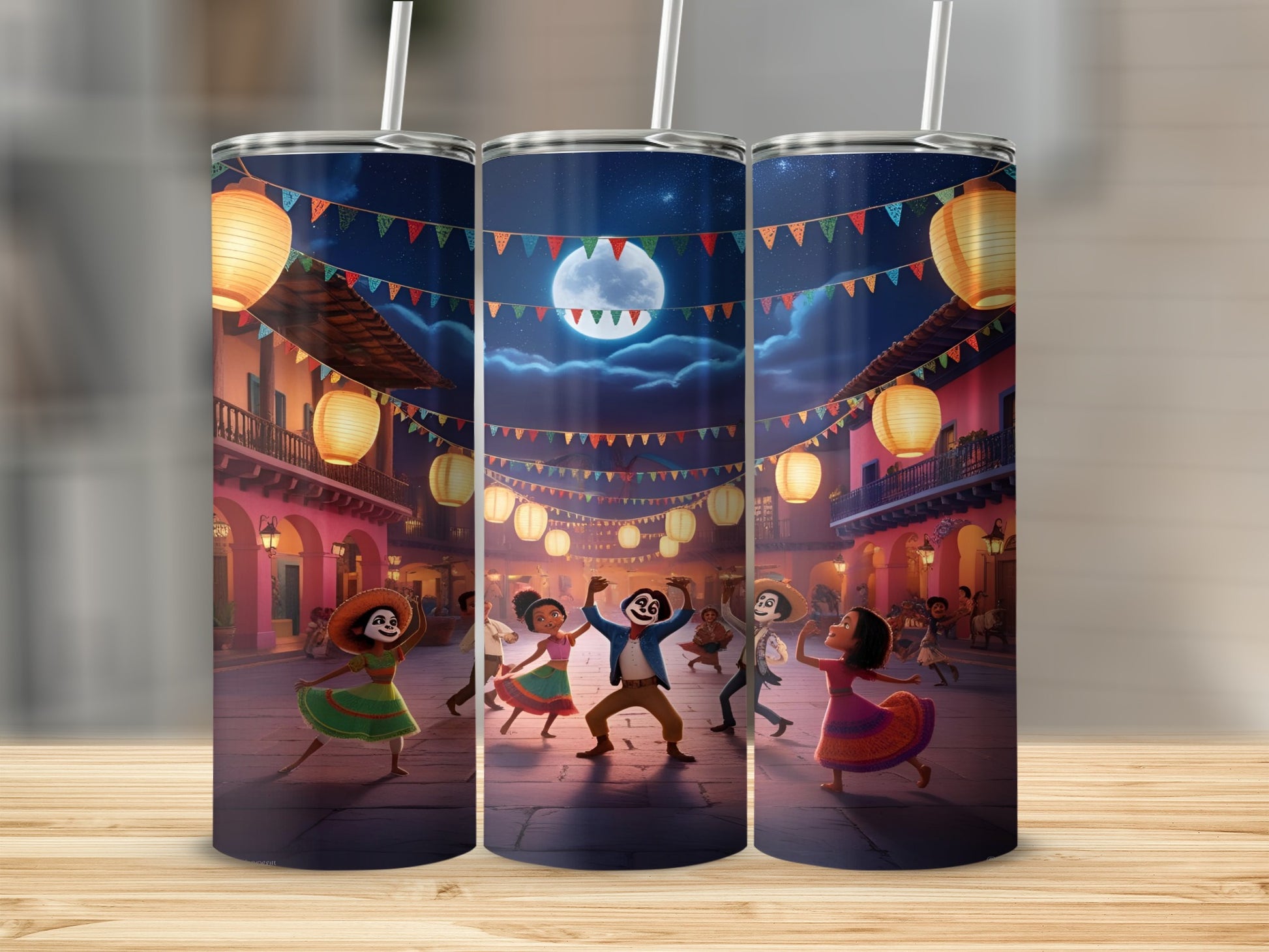 Three tumblers with characters dancing under a full moon and festive lanterns.